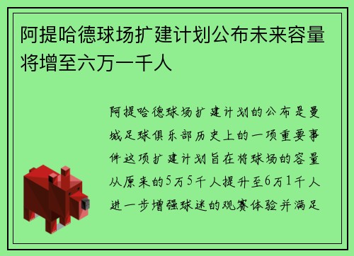 阿提哈德球场扩建计划公布未来容量将增至六万一千人